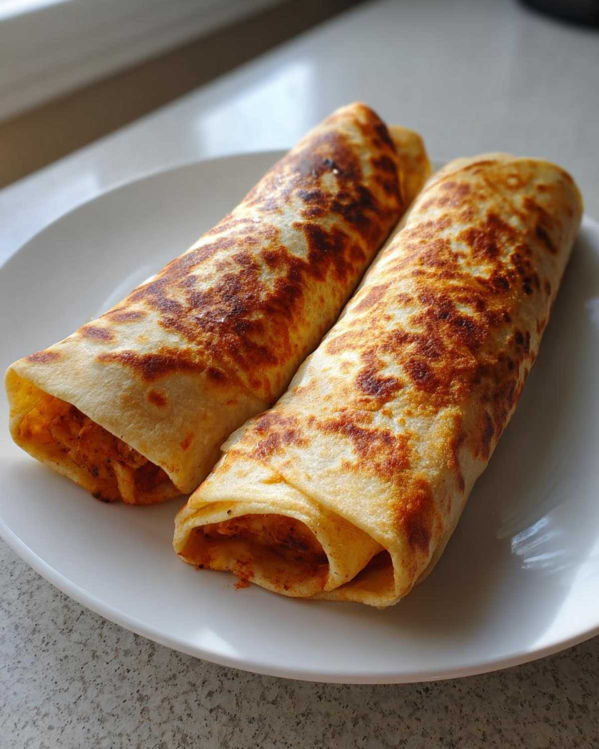 Two perfectly browned Baked Chicken Chimichangas served side-by-side on a white plate.