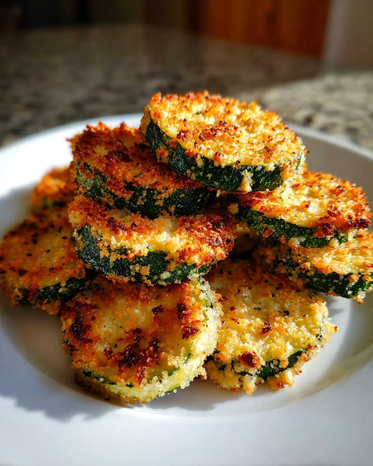 A stack of golden brown, crispy baked parmesan zucchini slices piled on a white plate.