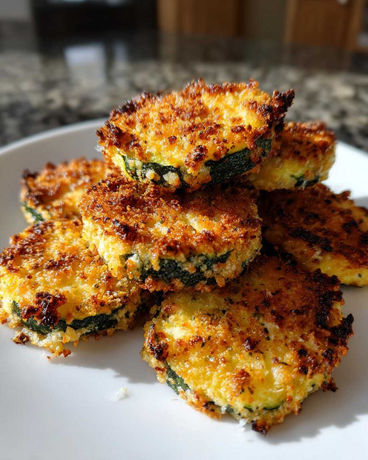 A stack of golden brown, crispy baked parmesan zucchini slices on a white plate.