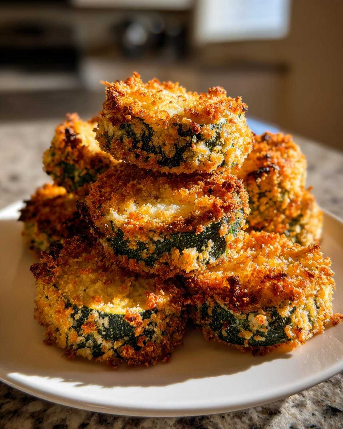 A stack of golden brown, crispy baked parmesan zucchini crisps piled on a white plate.
