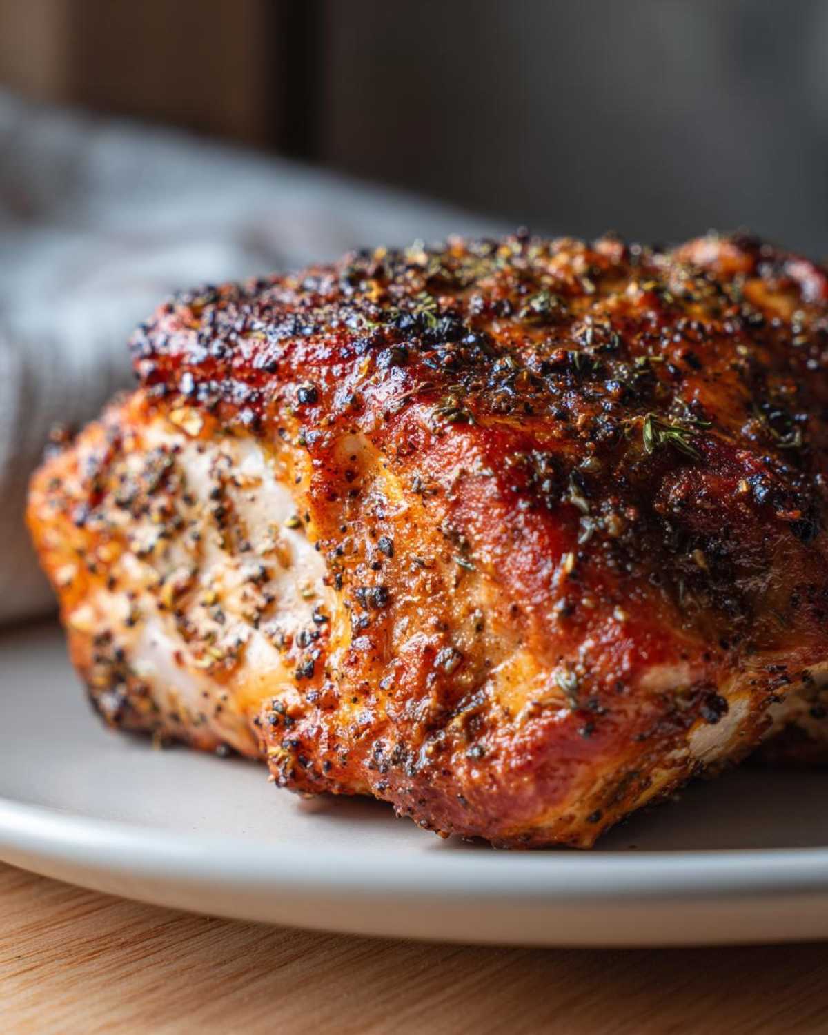 Close-up of a juicy, golden-brown baked ranch chicken breast heavily seasoned with black pepper and herbs.