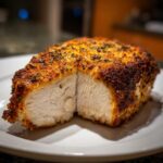 Close-up of juicy baked ranch chicken breast cut in half showing moist white interior and seasoned crust.
