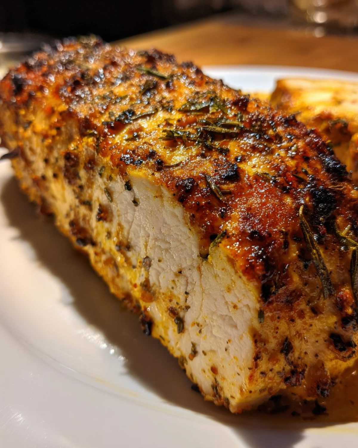 Close-up of a juicy, perfectly cooked piece of baked ranch chicken showing the white interior and seasoned, browned exterior.