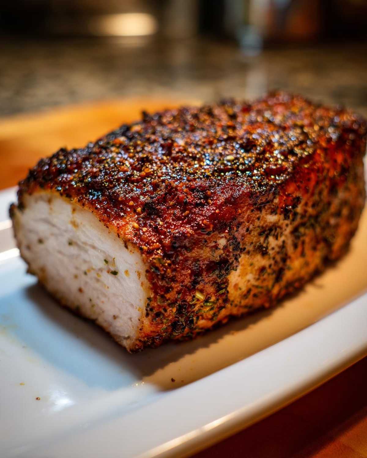 A close-up of a thick slice of baked ranch chicken roast showing a juicy white interior and a heavily seasoned, dark crust.