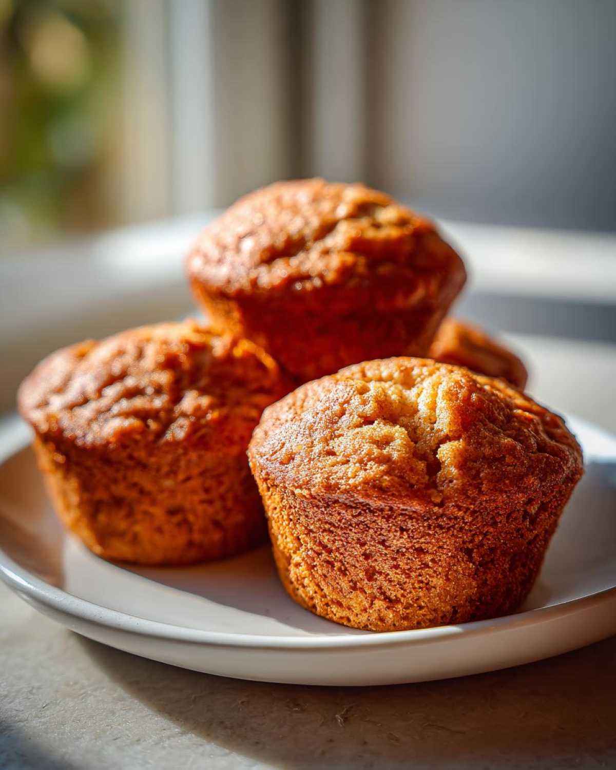 Close-up of three golden brown banana protein muffins stacked slightly on a white plate, backlit by natural light.