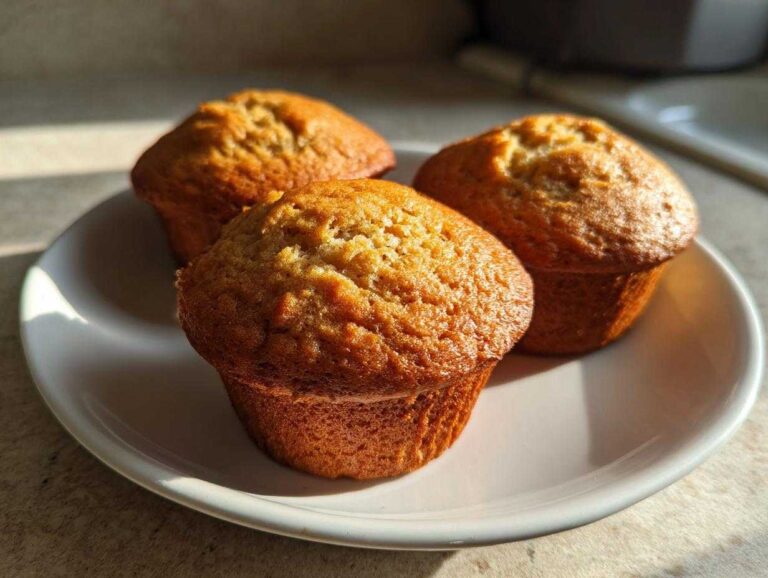 Three freshly baked banana protein muffins sitting on a white plate, illuminated by natural sunlight.