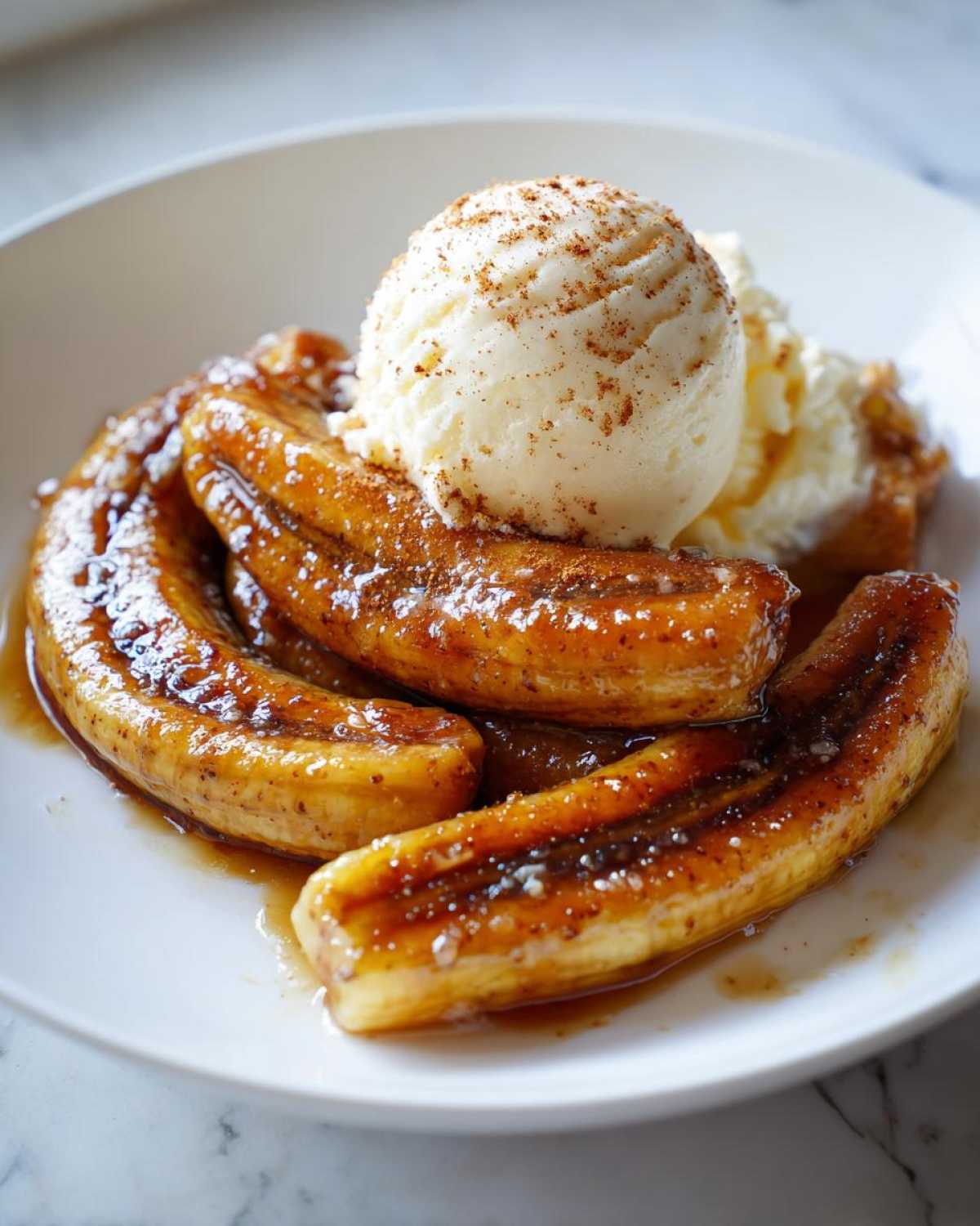 A close-up of warm, caramelized bananas foster topped with a scoop of vanilla ice cream and cinnamon.