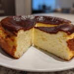 A close-up of a Basque burnt cheesecake with a dark caramelized top and creamy interior, served on a white plate.