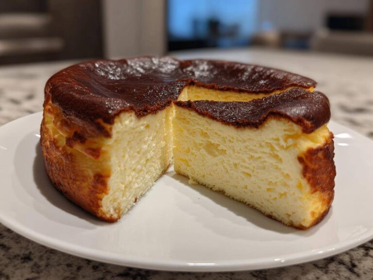 A close-up of a Basque burnt cheesecake with a dark caramelized top and creamy interior, served on a white plate.