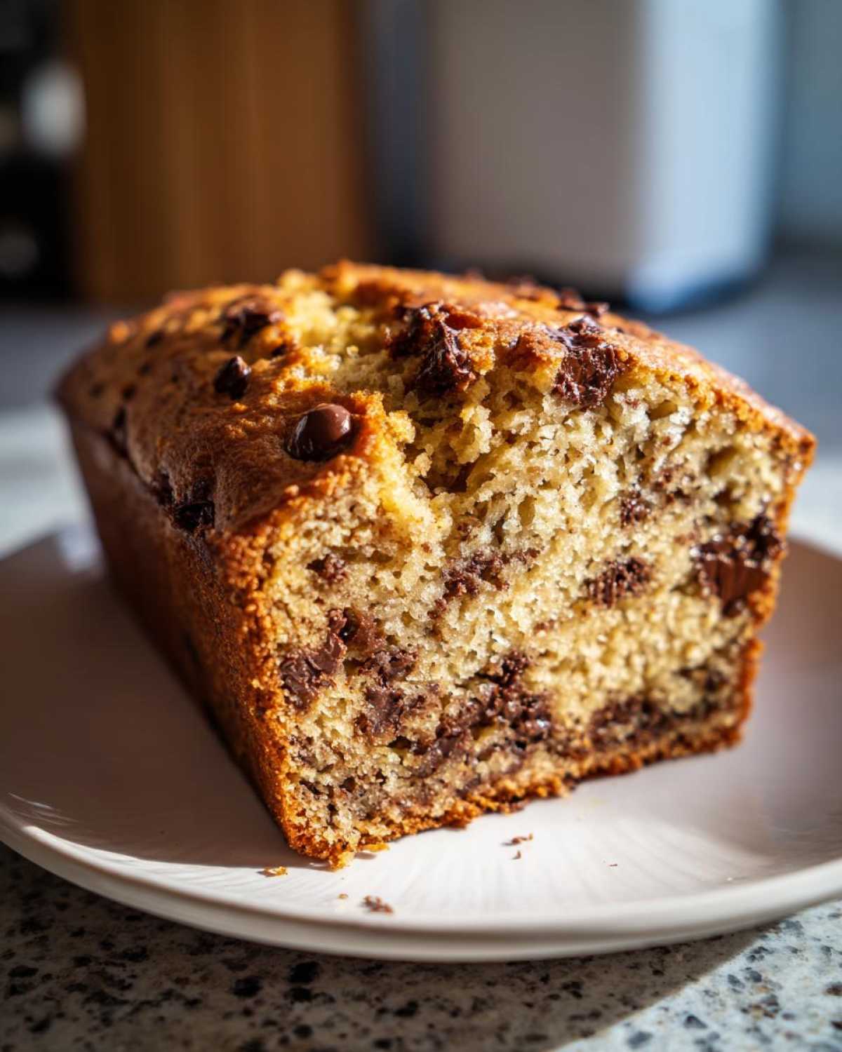 Close-up of a slice of moist chocolate chip banana bread showing the crumb texture and melted chips.