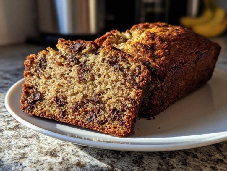 Close-up of two slices of moist chocolate chip banana bread on a white plate.
