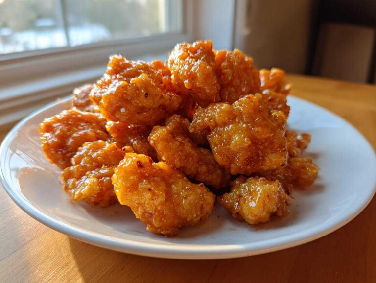 A close-up of crispy, saucy bang bang chicken pieces piled high on a white plate, ready to eat.