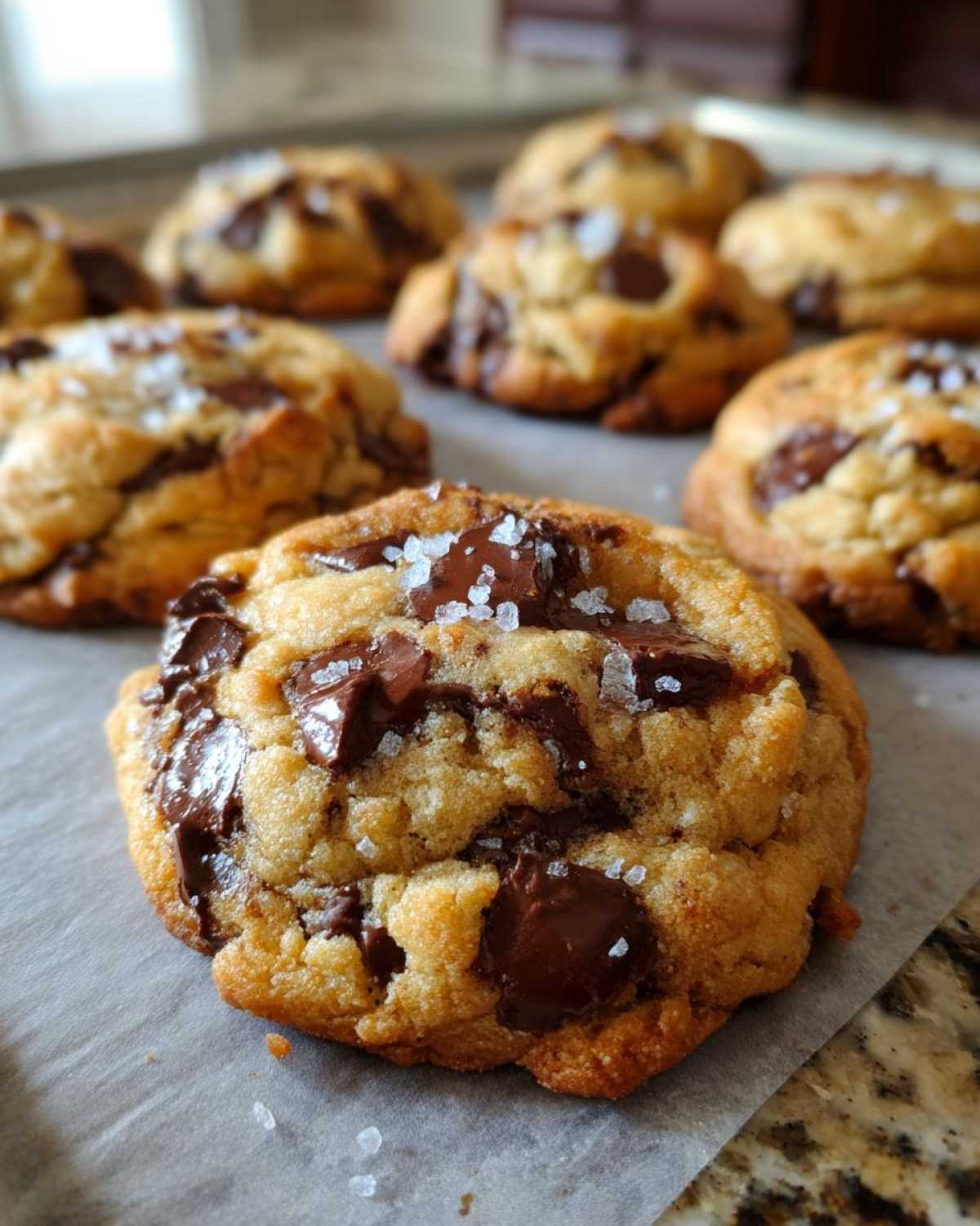 Close-up of a gooey, golden brown chocolate chip cookie topped with flaky sea salt, with more cookies in the background.