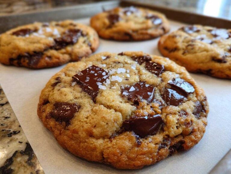 Close-up of a fresh, chewy chocolate chip cookie topped with flaky sea salt on a baking sheet.