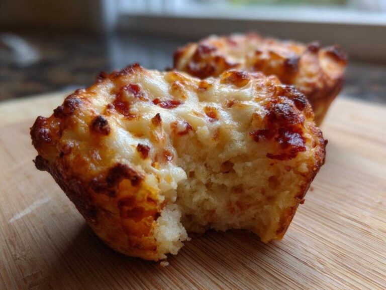 Close-up of a bitten Pizza Muffin showing a fluffy interior and browned, melted cheese topping.