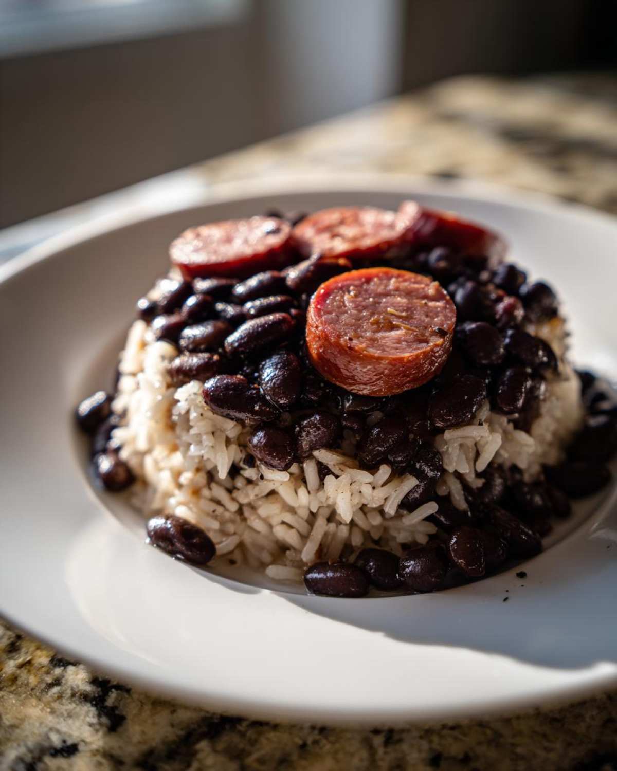 A mound of white rice topped with savory black beans and slices of smoked sausage, representing black beans and rice.