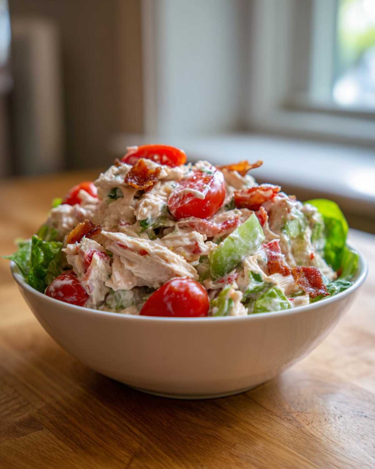 A close-up of a white bowl filled with creamy blt chicken salad, topped with cherry tomato halves and crispy bacon.