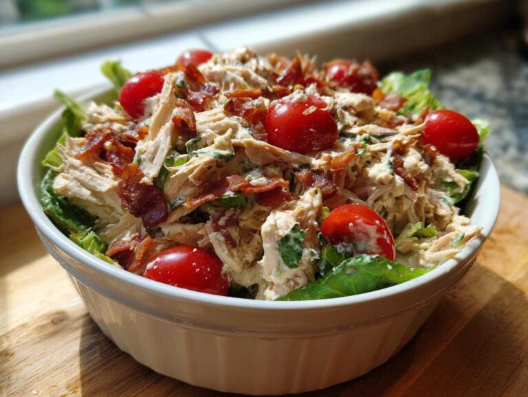 A close-up view of a creamy blt chicken salad topped with crispy bacon bits and bright red cherry tomatoes, served over lettuce.