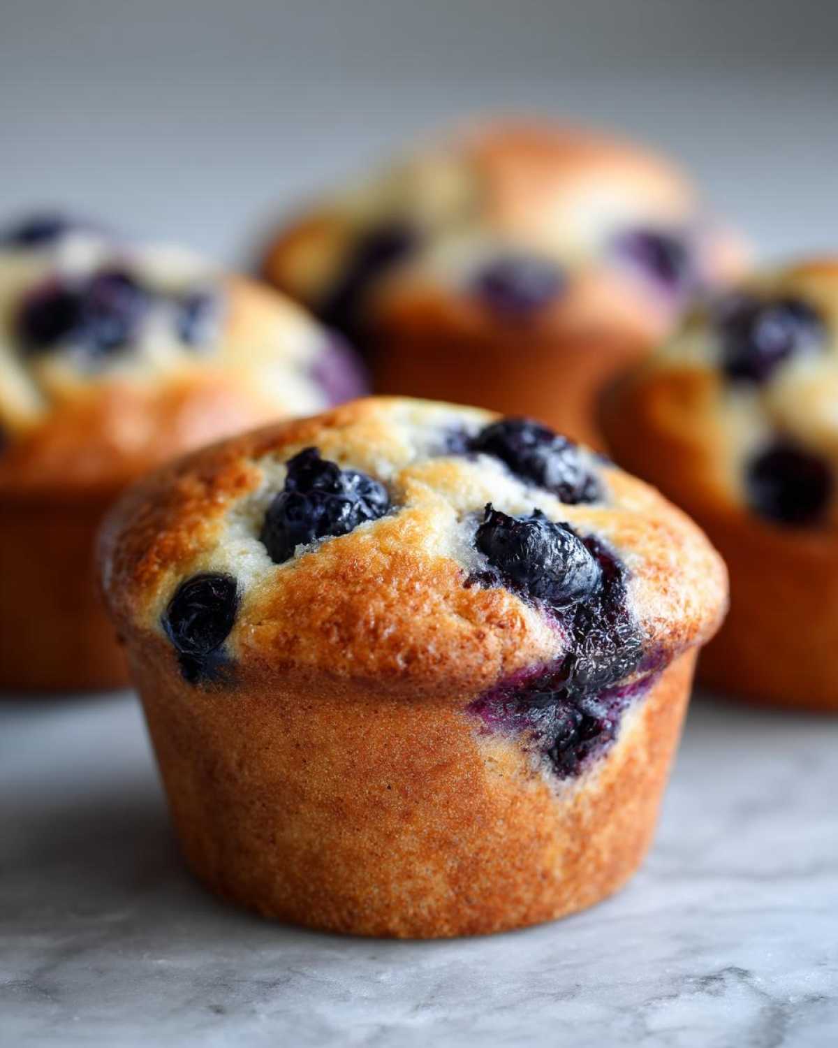 A close-up of a golden-brown blueberry protein muffin with visible blueberries on top, set against a blurred background of more muffins.