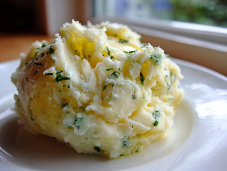 A close-up serving of creamy Boursin mashed potatoes mixed with green herbs on a white plate.