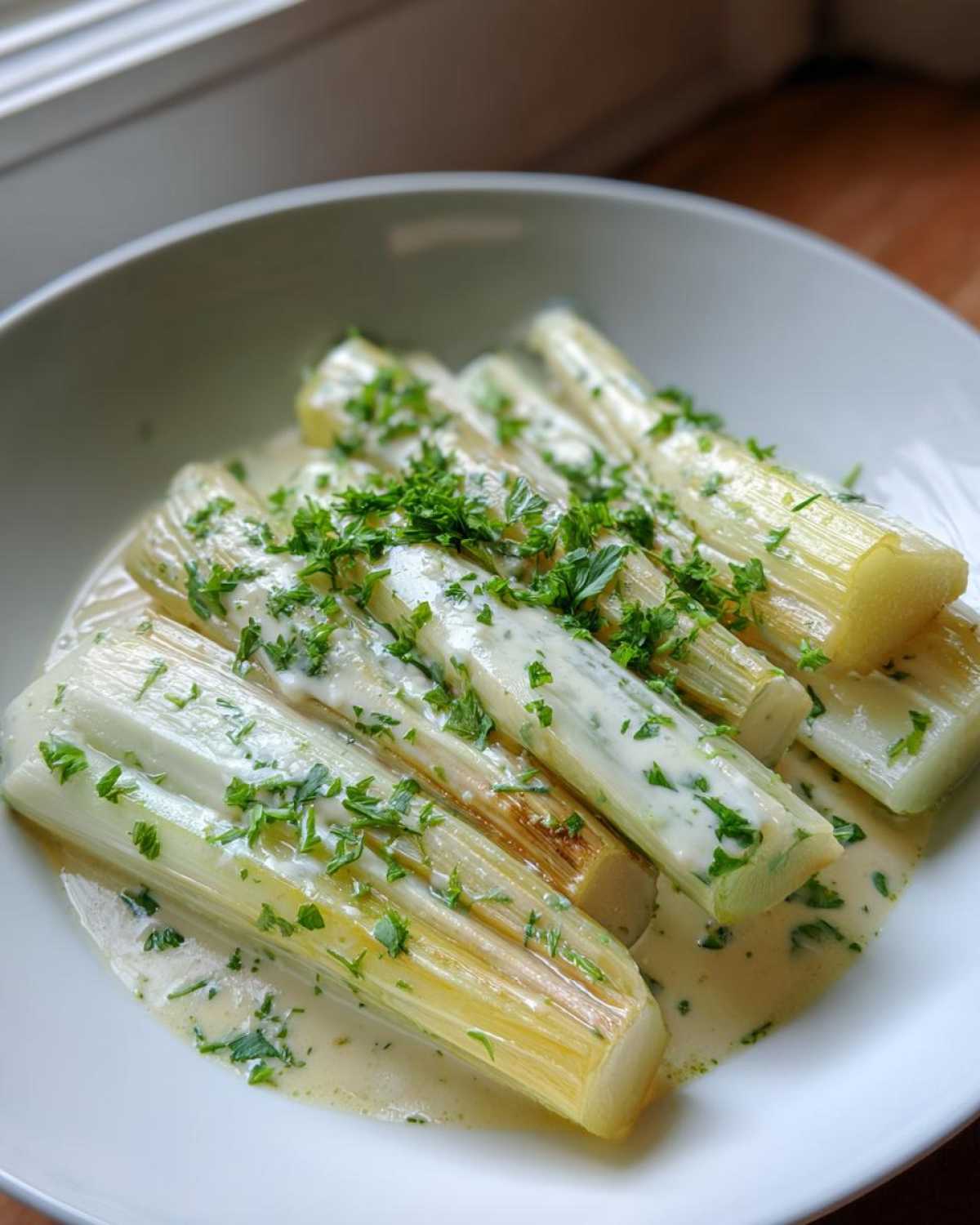 Close-up of tender braised leeks served in a creamy sauce and topped with fresh parsley.