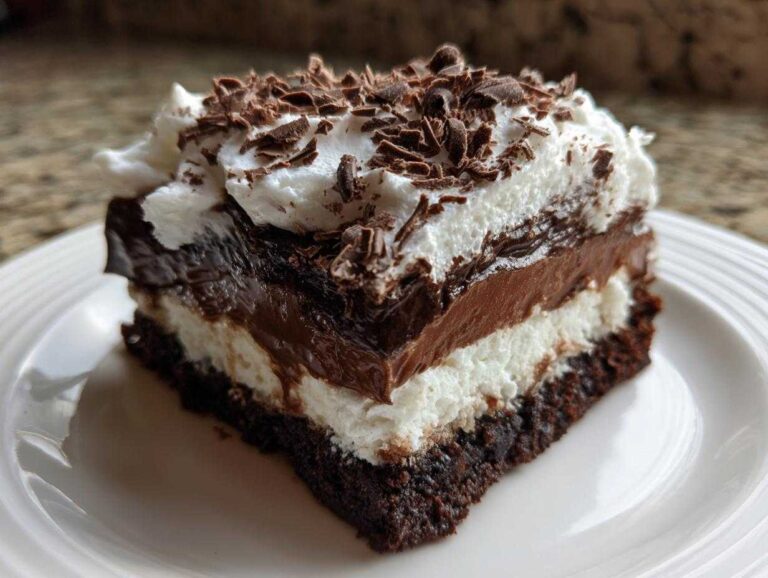 A close-up of a rich, layered brownie refrigerator cake slice topped with whipped cream and chocolate shavings.
