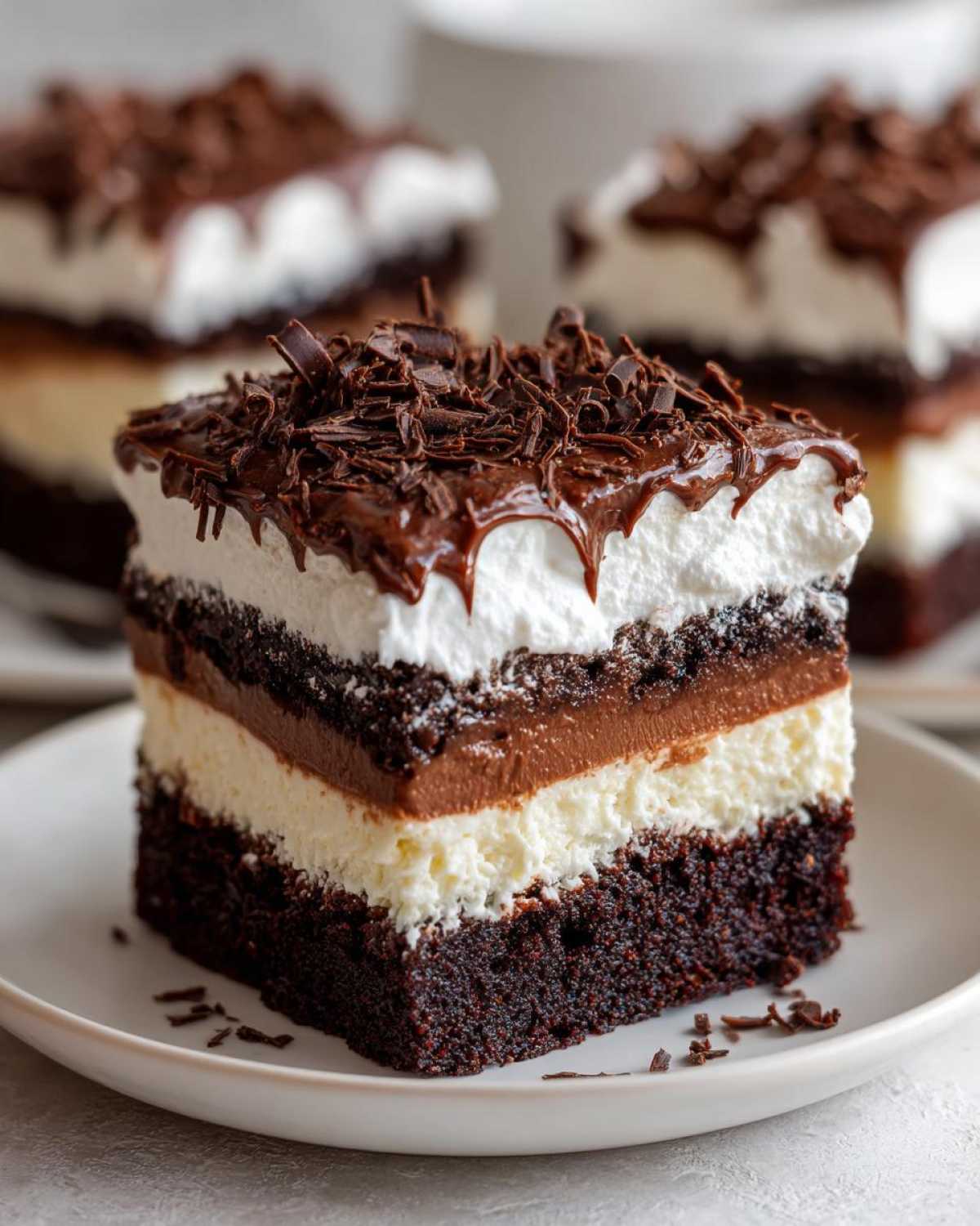 Close-up of a rich, layered slice of brownie refrigerator cake topped with whipped cream and chocolate shavings.