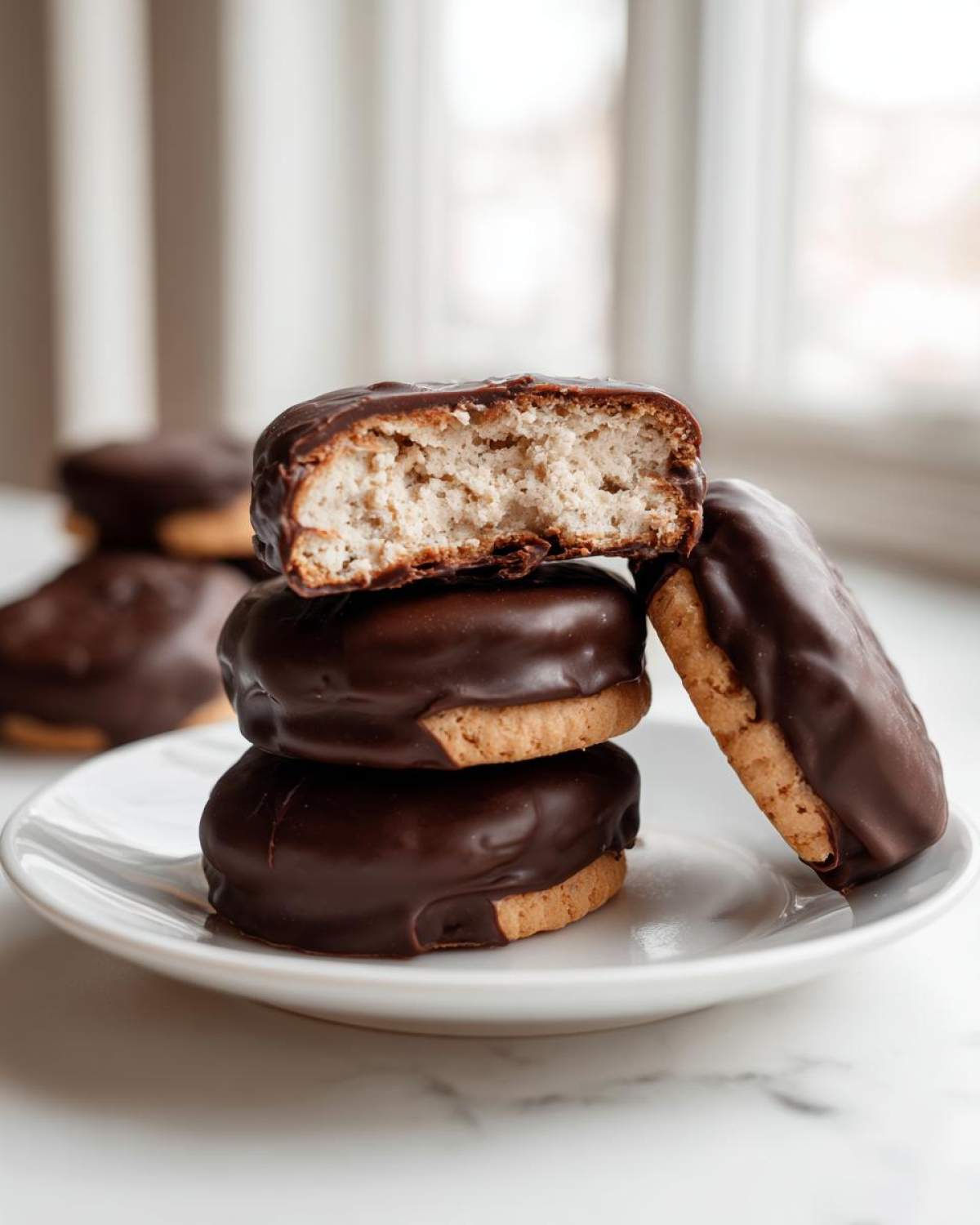 Stack of homemade buckeye graham crackers dipped in rich chocolate, one cut open showing the interior.