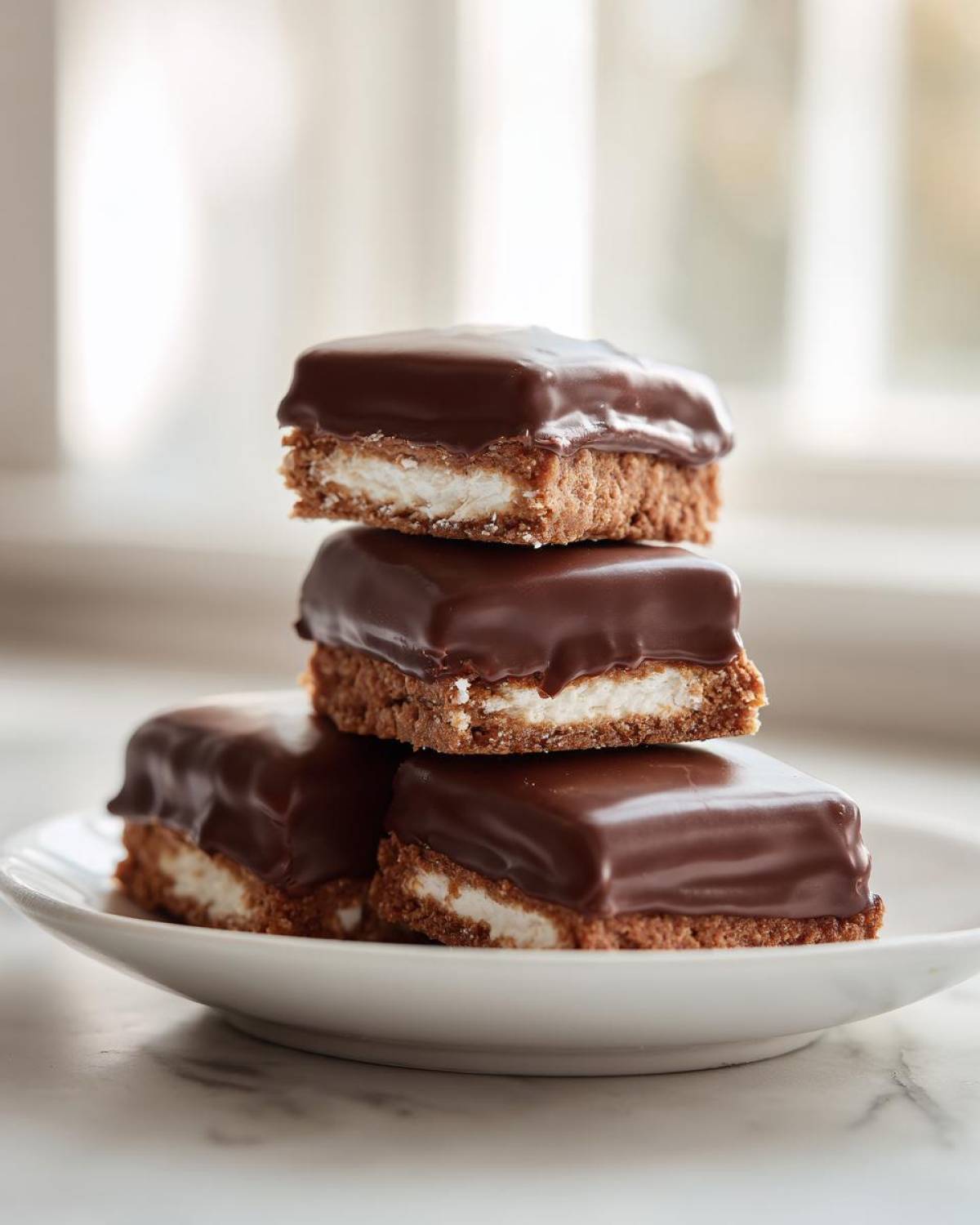 Four homemade buckeye graham crackers squares stacked on a white plate, showing a chocolate coating over white filling and graham base.