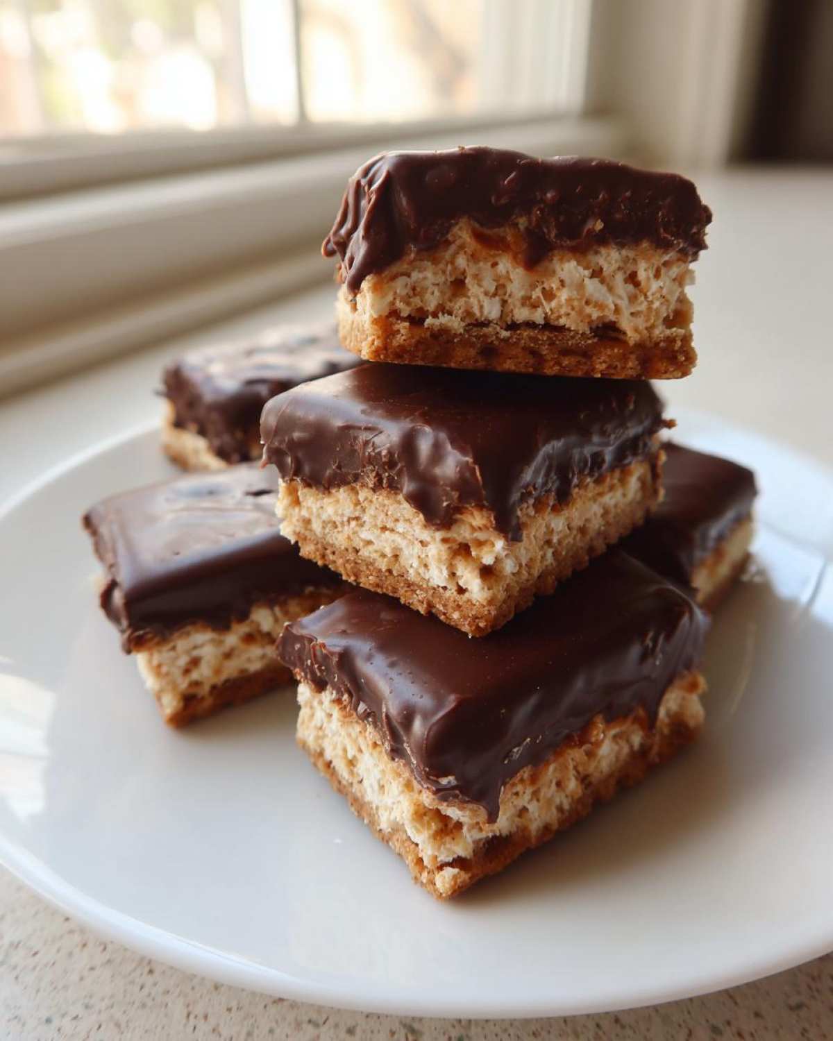 A stack of homemade buckeye graham crackers bars featuring a crust, creamy filling, and thick chocolate topping on a white plate.