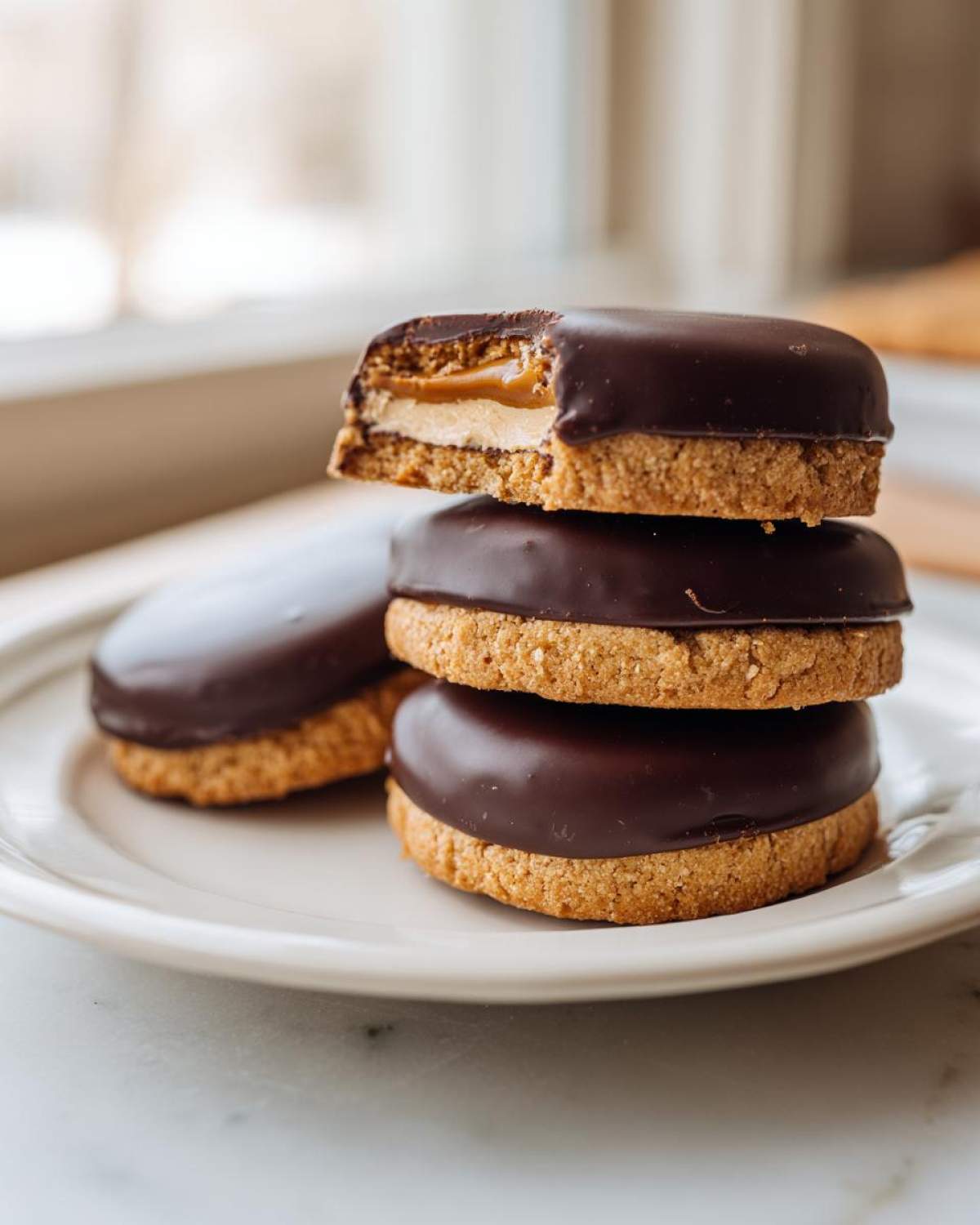A stack of three chocolate-covered buckeye graham crackers, one with a bite showing peanut butter and caramel filling.