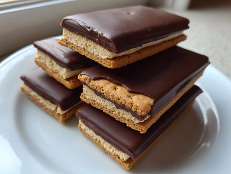 A stack of five homemade buckeye graham crackers, featuring peanut butter filling and a thick chocolate coating, resting on a white plate.