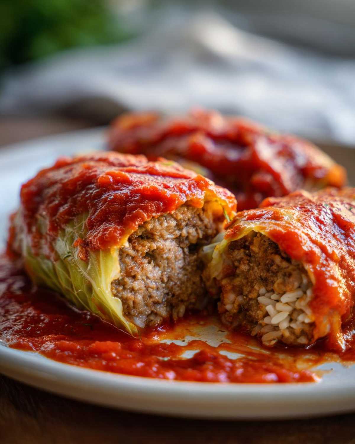 Close-up of homemade cabbage rolls cut open, showing the meat and rice filling, smothered in bright red tomato sauce.