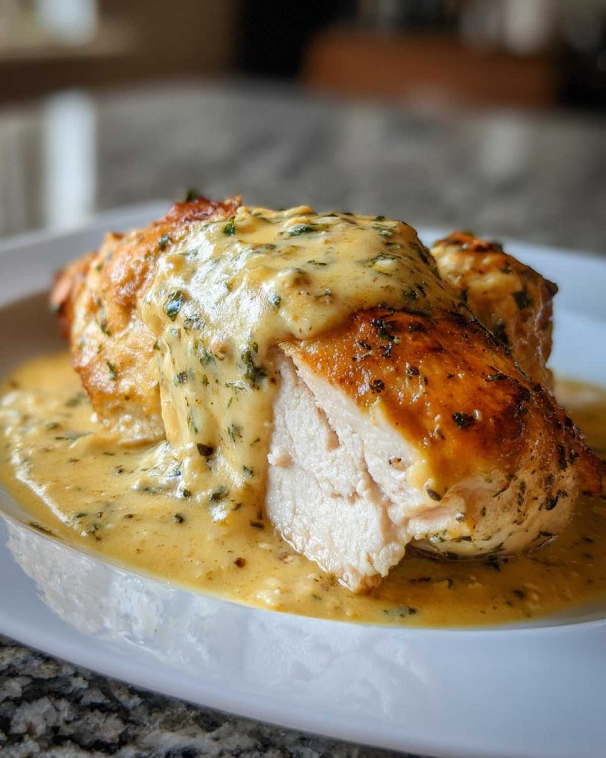 Close-up of perfectly cooked caesar chicken breast, sliced to show moist interior, smothered in creamy Caesar sauce.