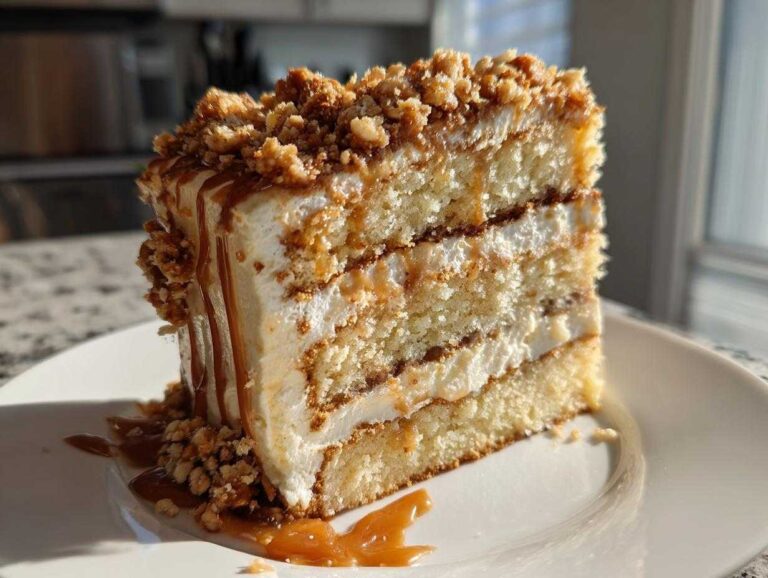 A tall slice of caramel crunch cake featuring layers of sponge, cream, and topped with crunchy caramel topping and sauce.
