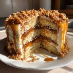 A cross-section view of a decadent caramel crunch cake showing multiple layers of cake, frosting, and caramel filling.