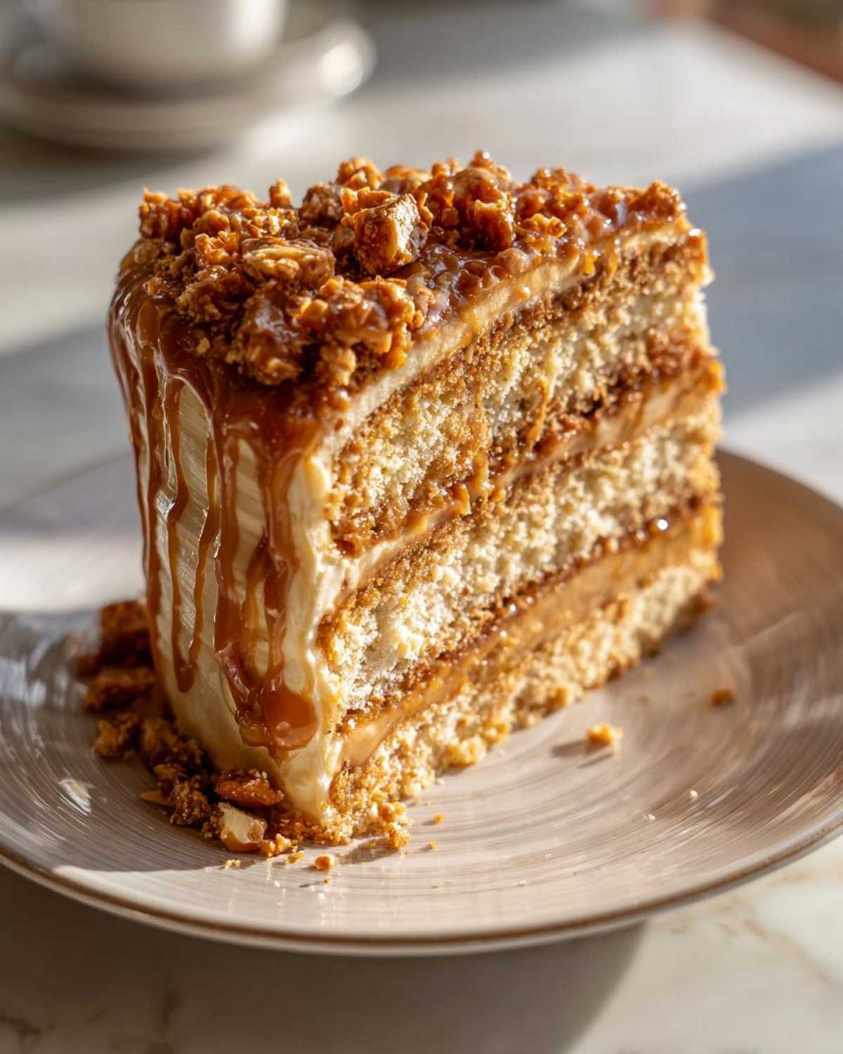 A decadent slice of caramel crunch cake showing multiple layers, thick caramel filling, and a crunchy topping.
