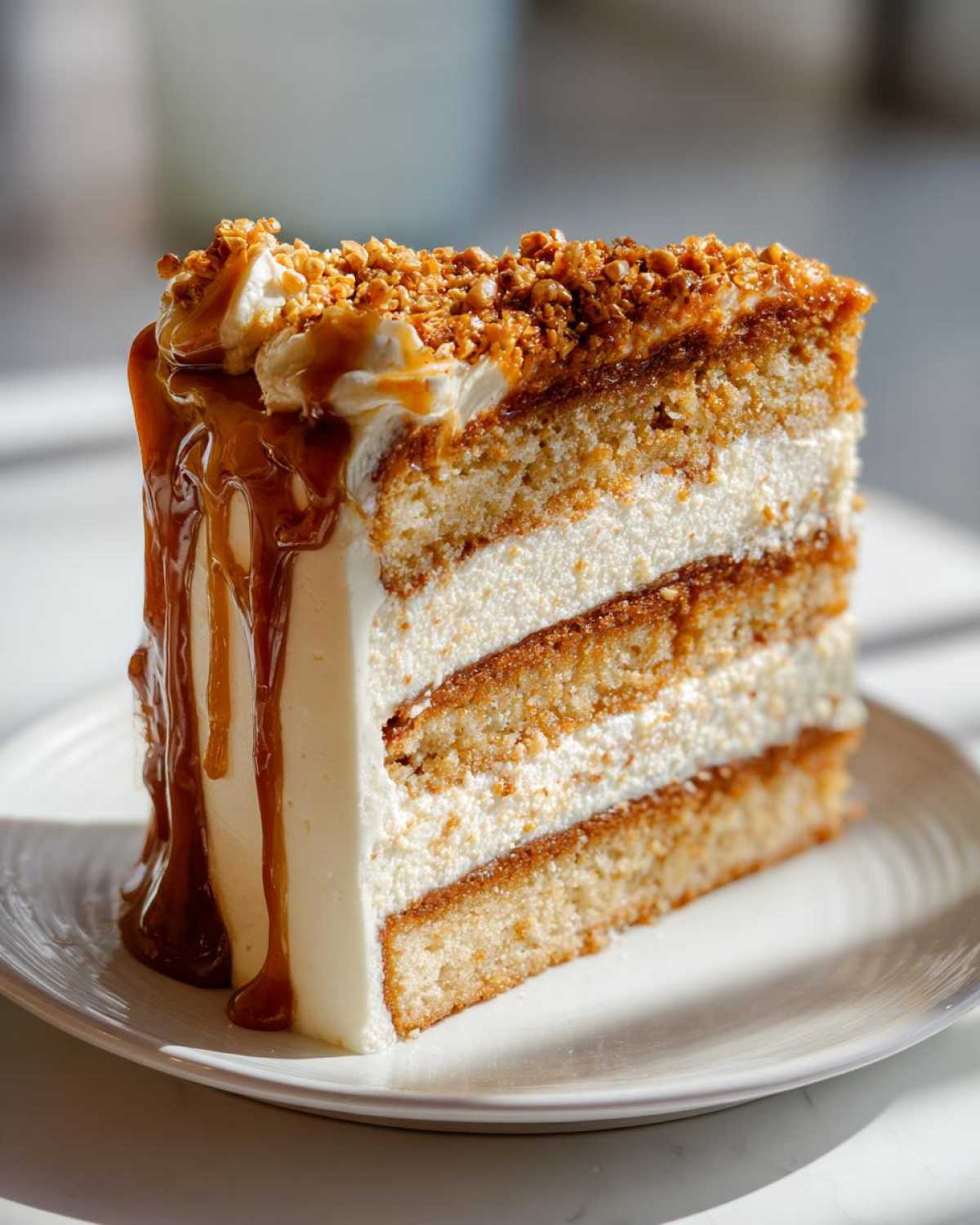 A tall, layered slice of caramel crunch cake featuring sponge layers, white frosting, and a rich caramel drizzle topped with crunchy nuts.