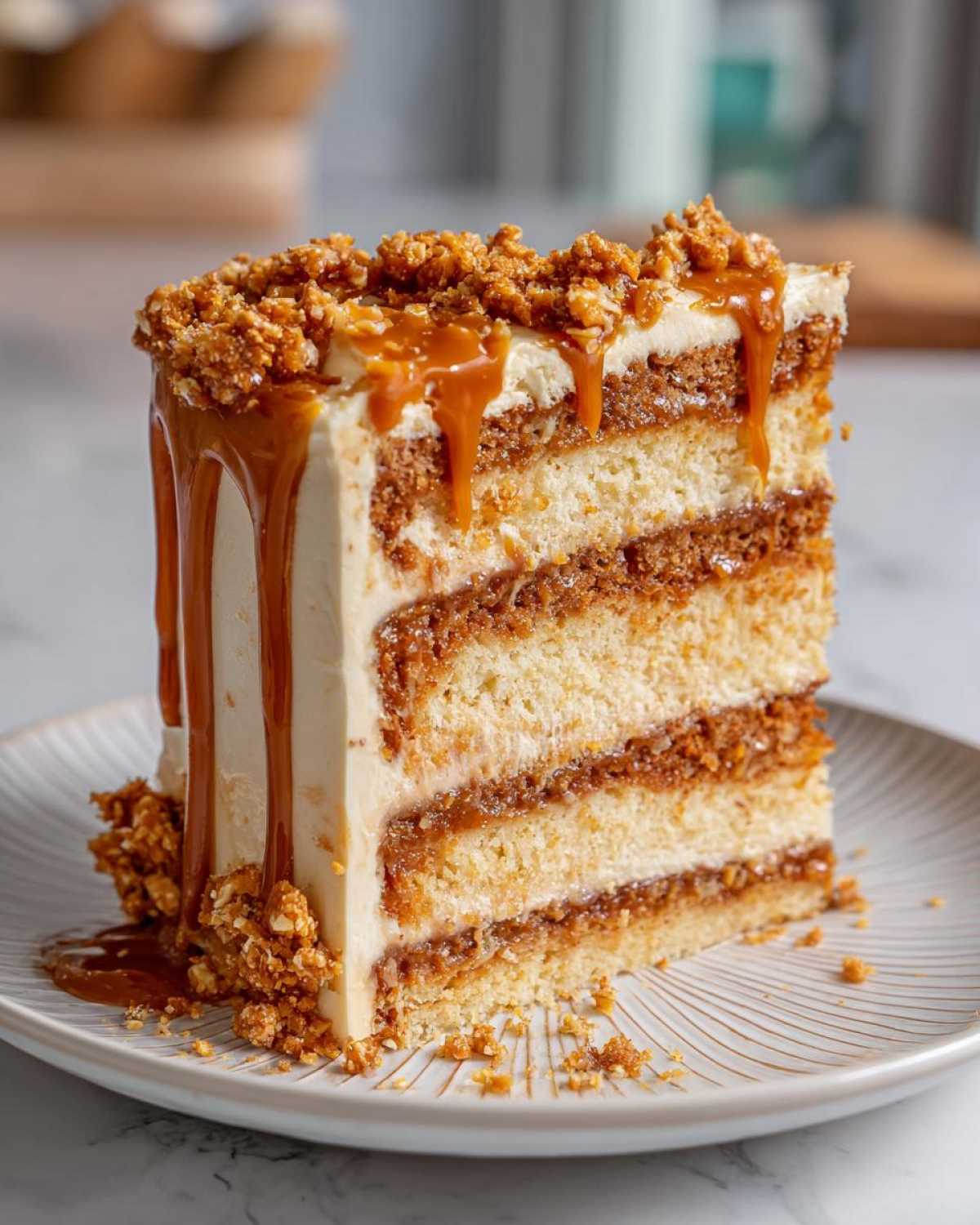 A tall slice of caramel crunch cake showing four layers of vanilla cake, caramel filling, and white frosting with a caramel drizzle.
