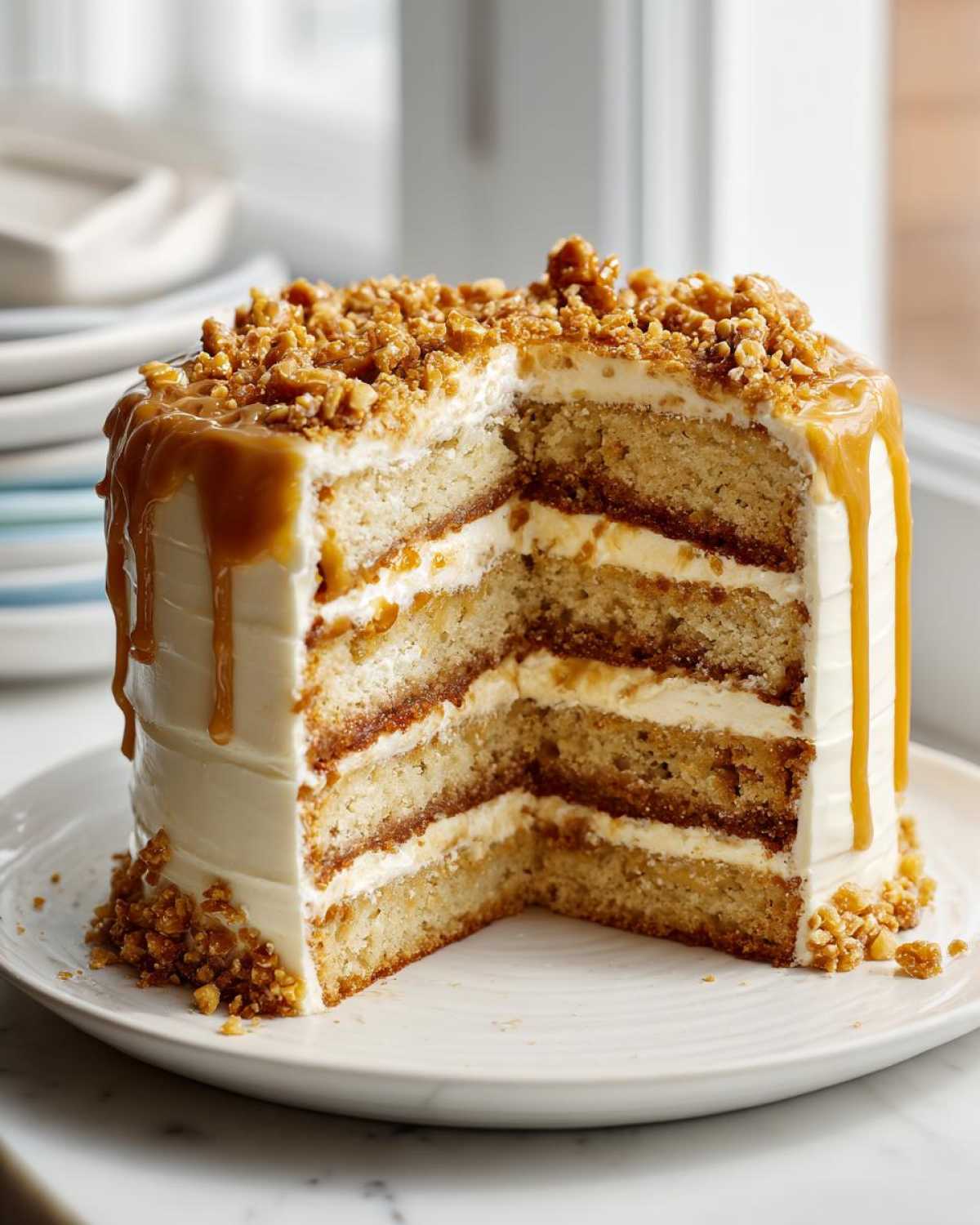 Cross-section view of a multi-layered caramel crunch cake showing layers of cake, cream, and caramel filling.