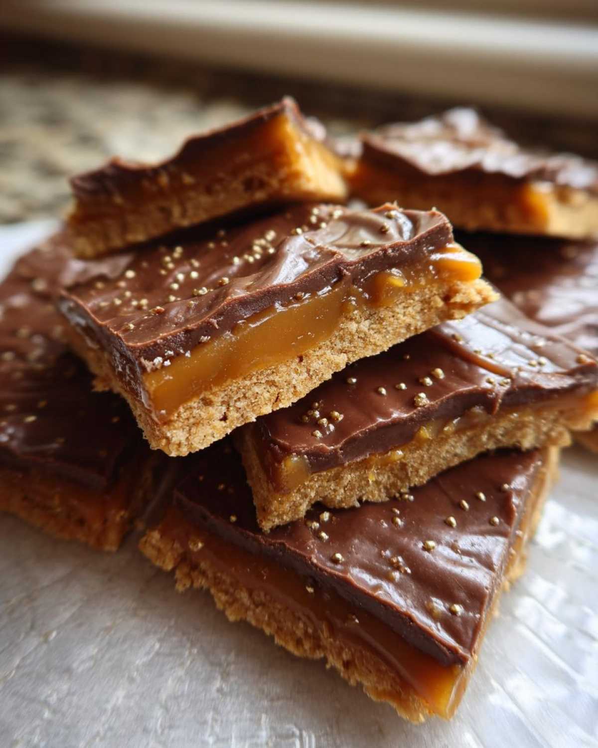 Close-up stack of layered caramel ritz cracker christmas cookies topped with chocolate and gold sprinkles.