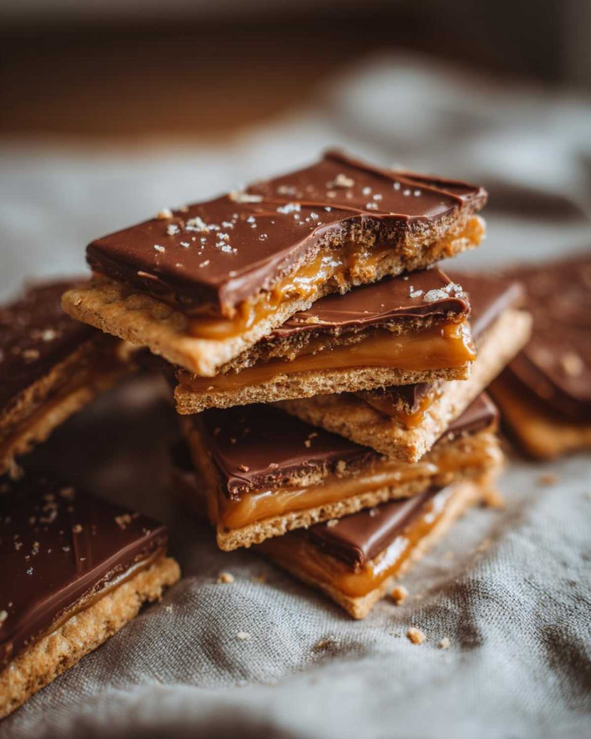 Close-up of stacked caramel ritz cracker christmas cookies with melted chocolate topping and sea salt.