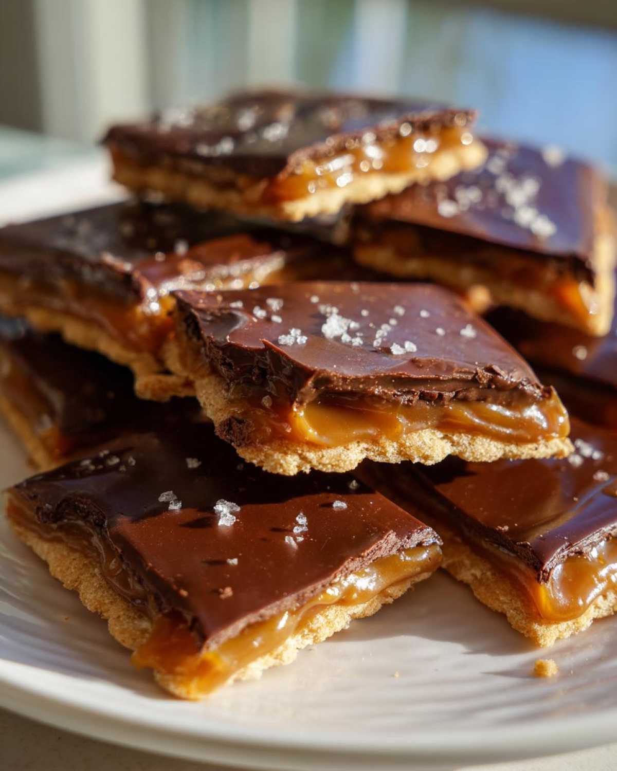 Close-up of stacked caramel ritz cracker christmas cookies topped with melted chocolate and sea salt.
