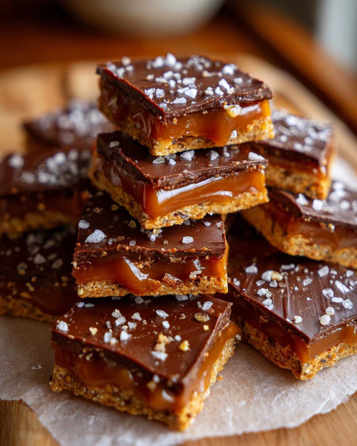 A stack of rich caramel ritz cracker christmas cookies topped with chocolate and flaky sea salt.