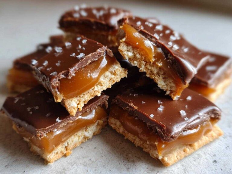 Close-up of stacked caramel ritz cracker christmas cookies, showing the cracker base, gooey caramel center, and chocolate topping with sea salt.