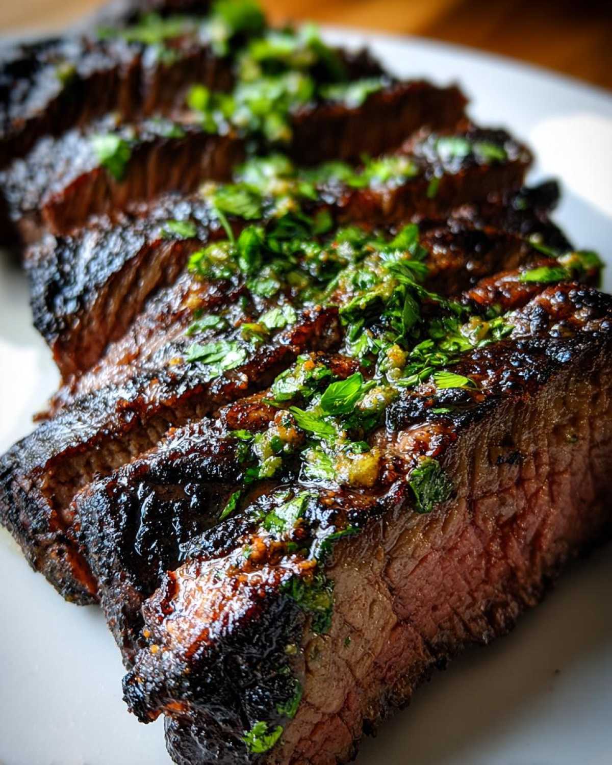 Close-up of perfectly grilled and sliced carne asada, showing a medium-rare interior and topped with chimichurri-style herbs.