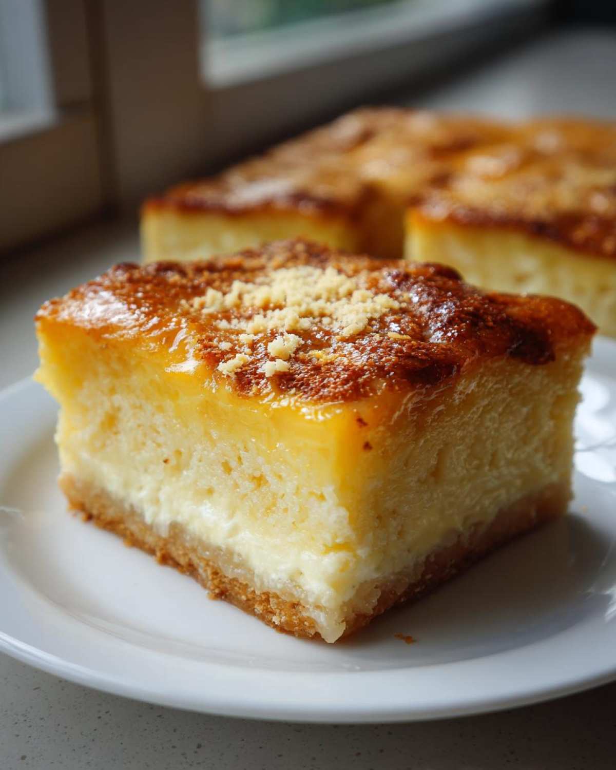 Close-up of a rich, layered slice of cassava cake with a creamy bottom and a glossy, golden-brown top