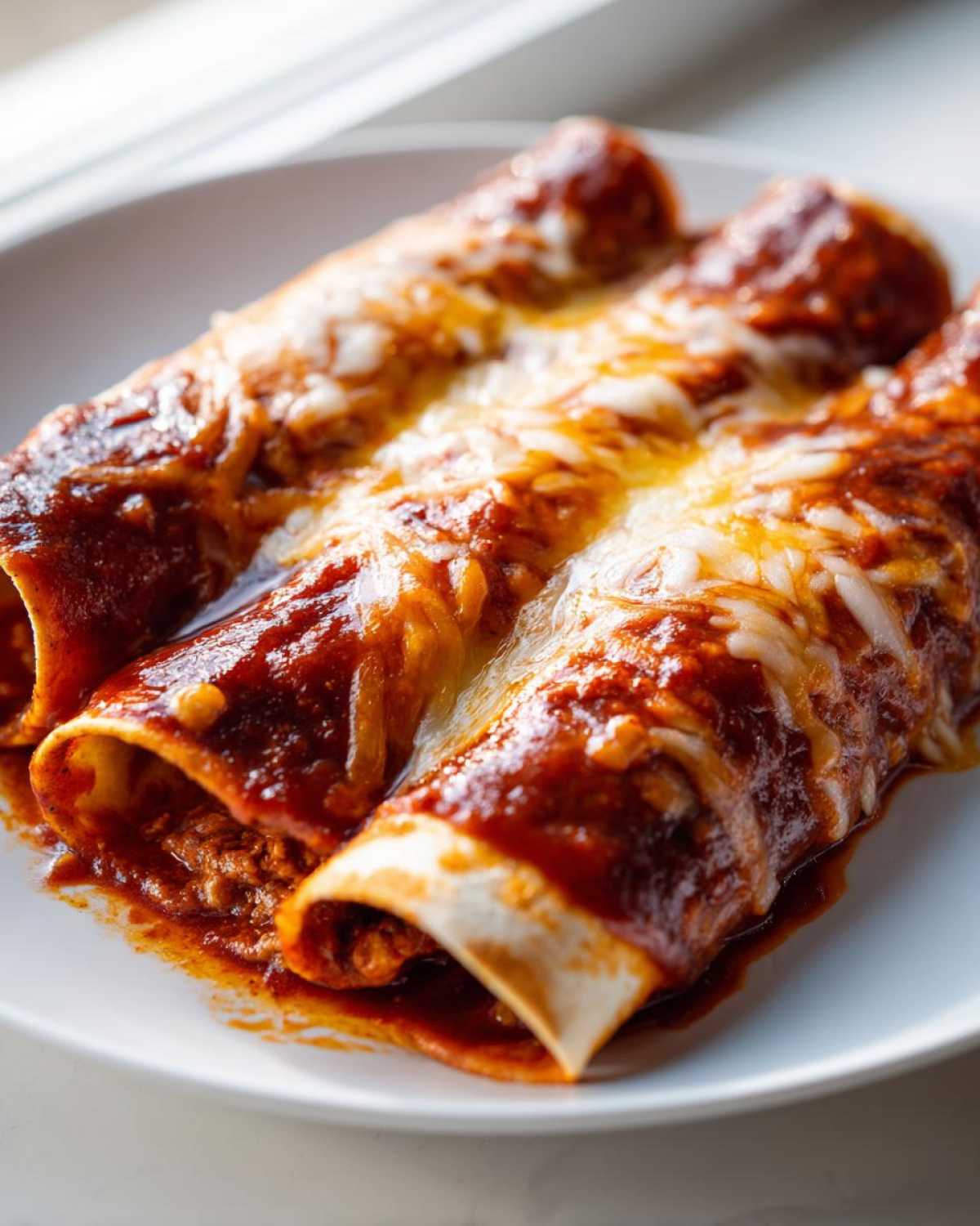 Close-up of three rolled cheese enchiladas smothered in red sauce and melted white cheese.