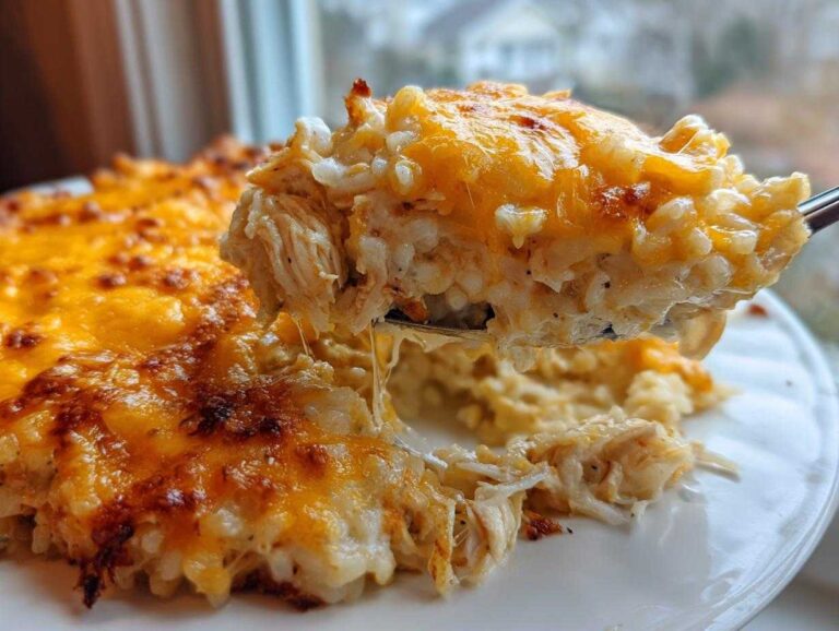 A spoonful of creamy cheesy chicken and rice casserole being lifted, showing melted, browned cheese and shredded chicken.
