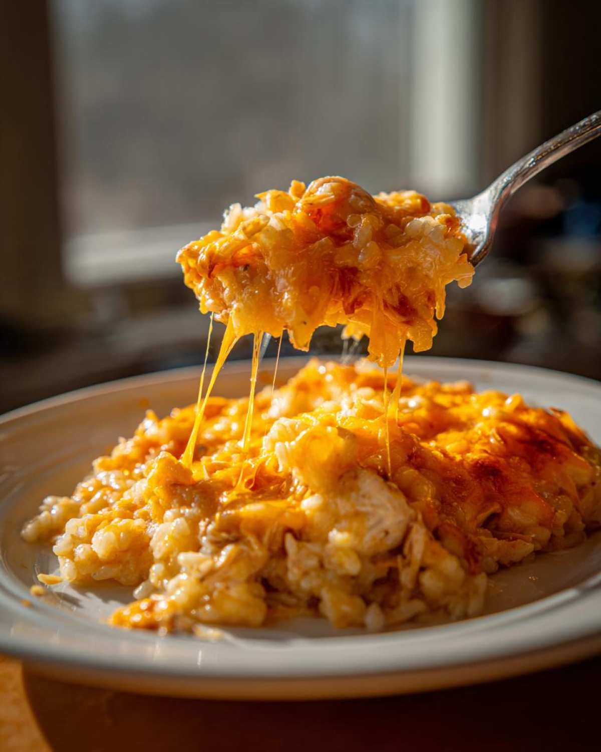 A spoonful of cheesy chicken and rice lifted from a plate, showing long, melted cheese strings stretching down.
